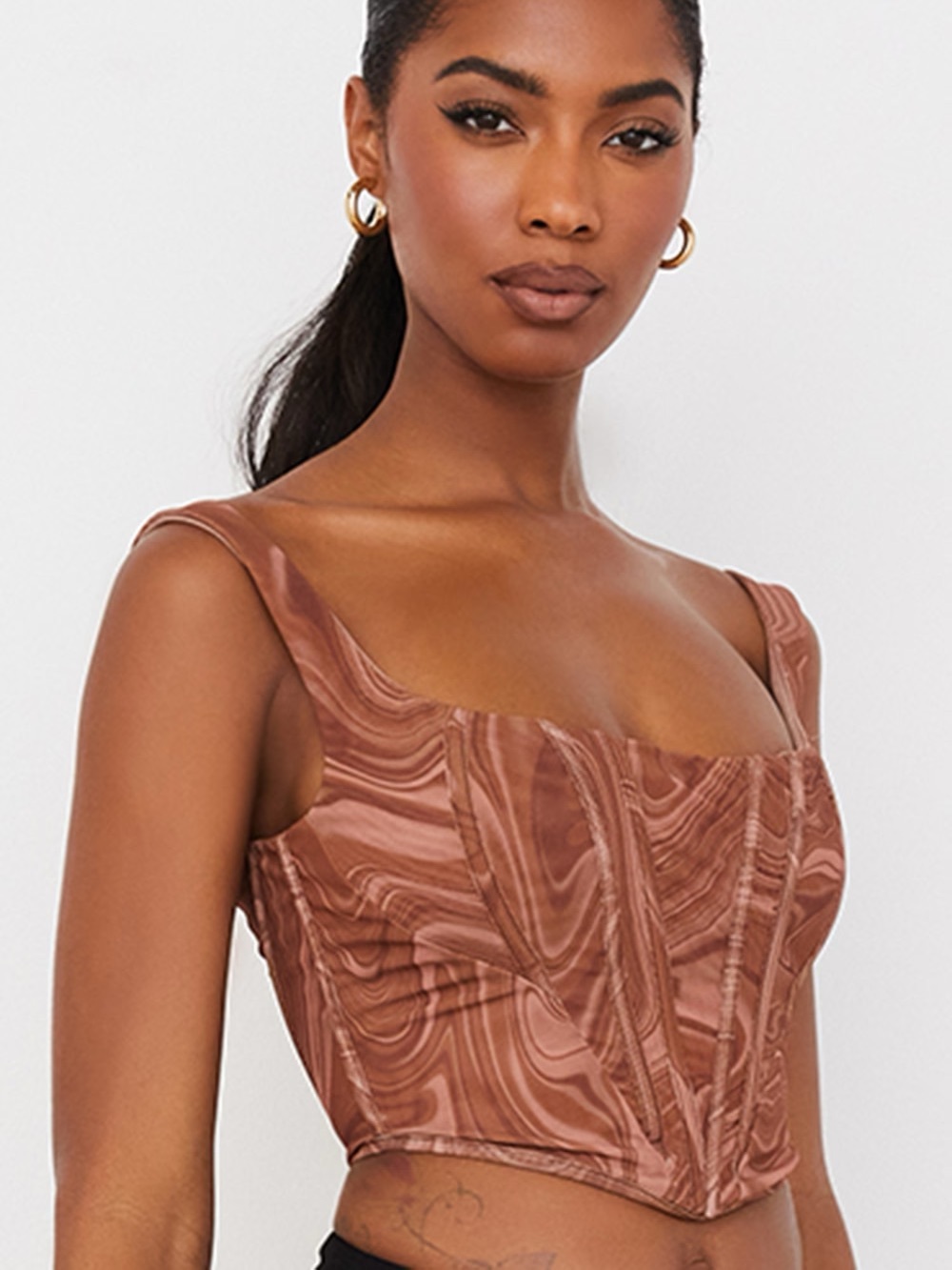 HOUSE OF CB ninetta swirl print mesh corset brown party going out size M
